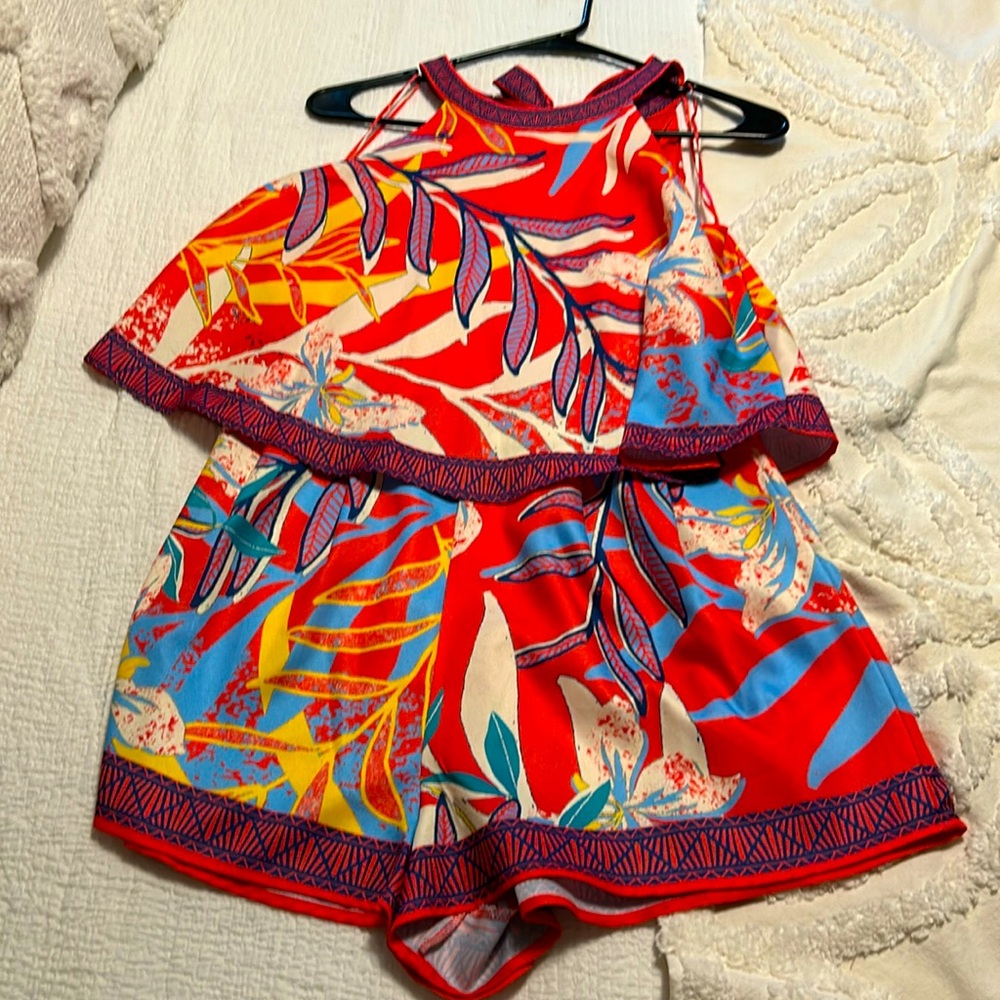 Flying Tomato Red Tropical Print Romper